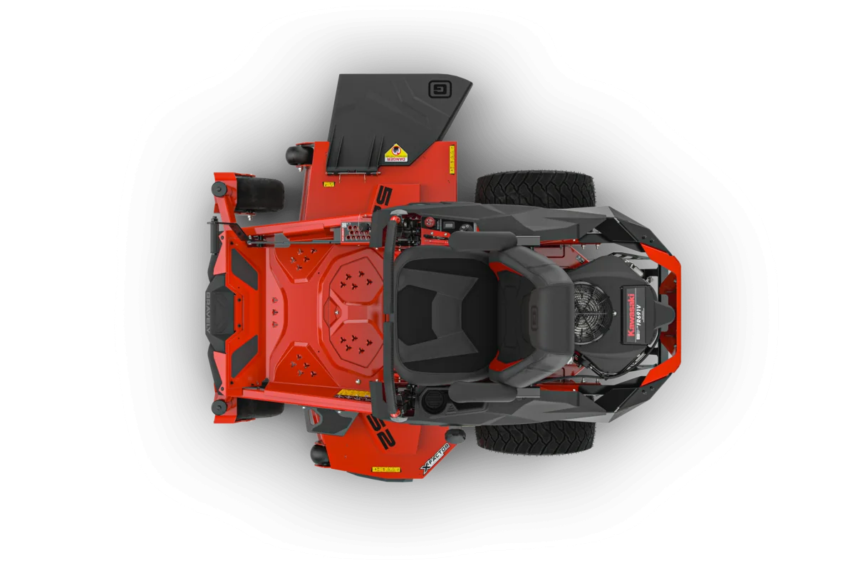 Top-down view of a red lawn mower on a white background