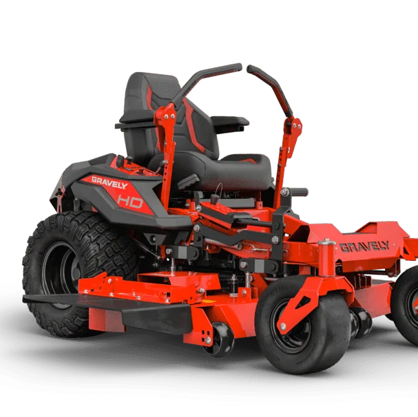 Red and black zero-turn lawn mower on a white background