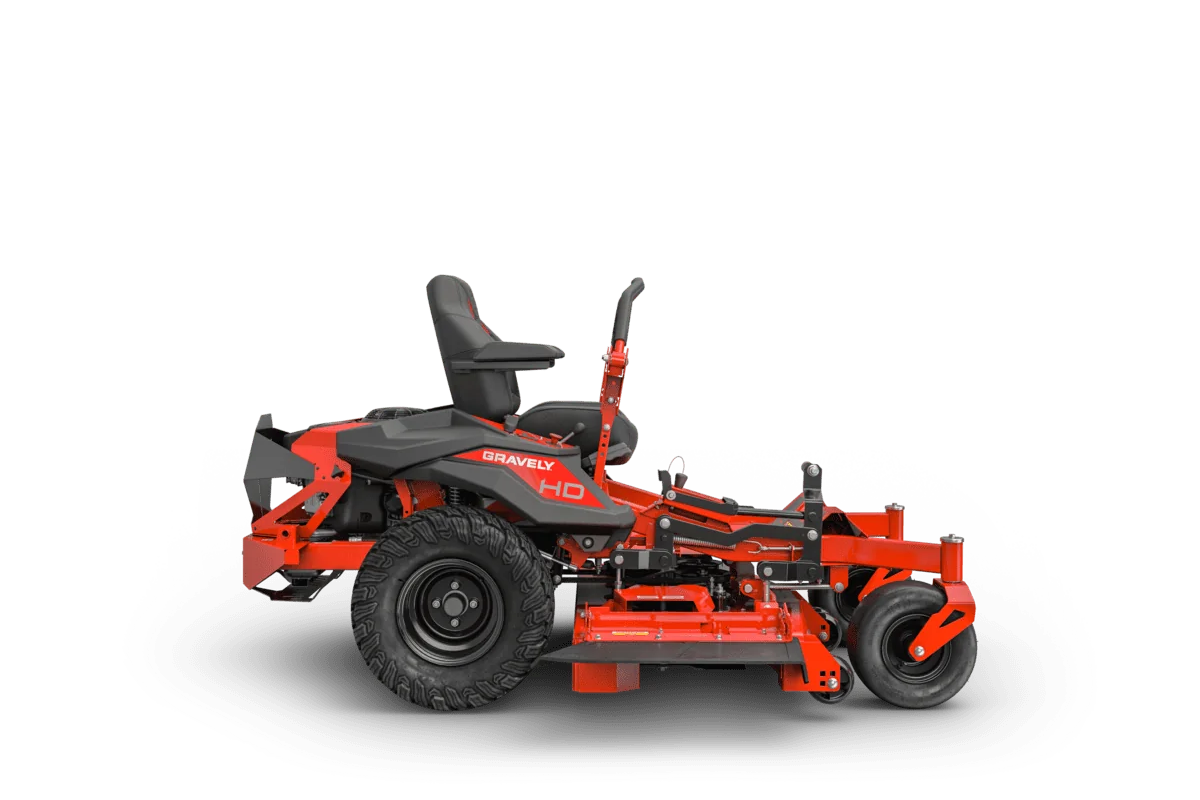Red and black zero-turn lawn mower on a white background