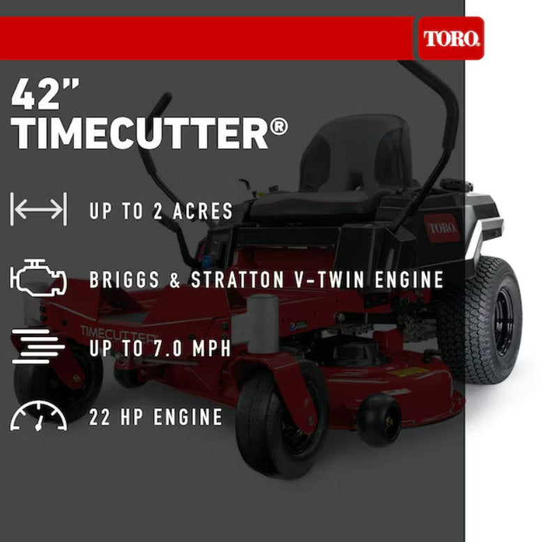  Toro TimeCutter lawn mower with specifications on a gray background