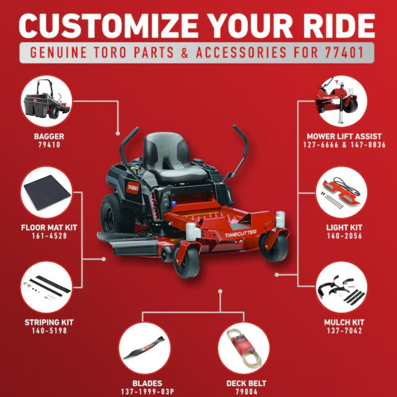 Advertisement for Toro parts and accessories on a red background with a lawn mower illustration.