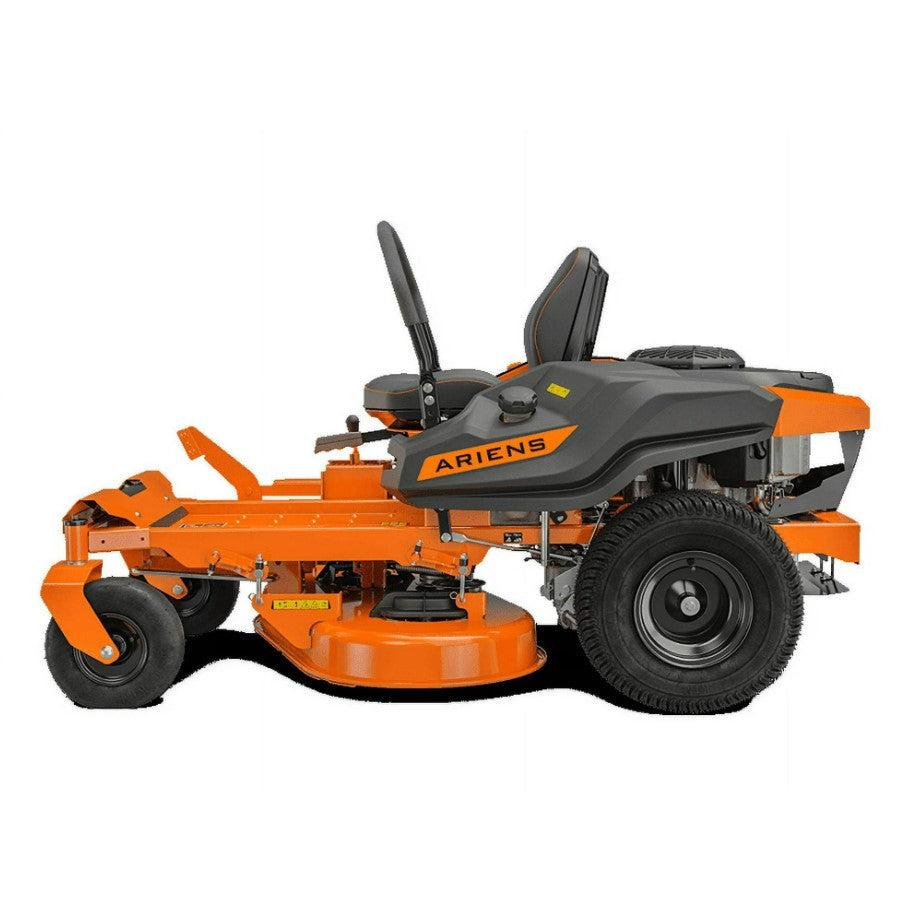 Orange and black Ariens zero-turn lawn mower on a white background