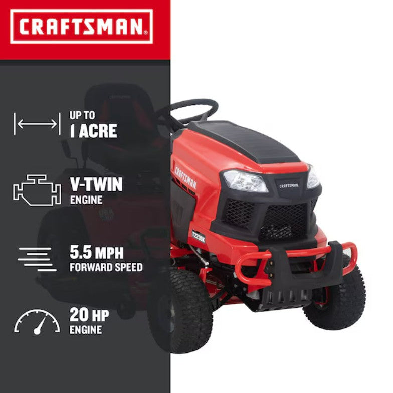 Red riding lawn mower with specifications on a white background, featuring the Craftsman brand.

