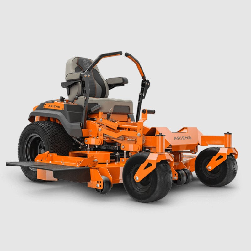 Orange and gray Ariens zero-turn lawn mower on a light gray background