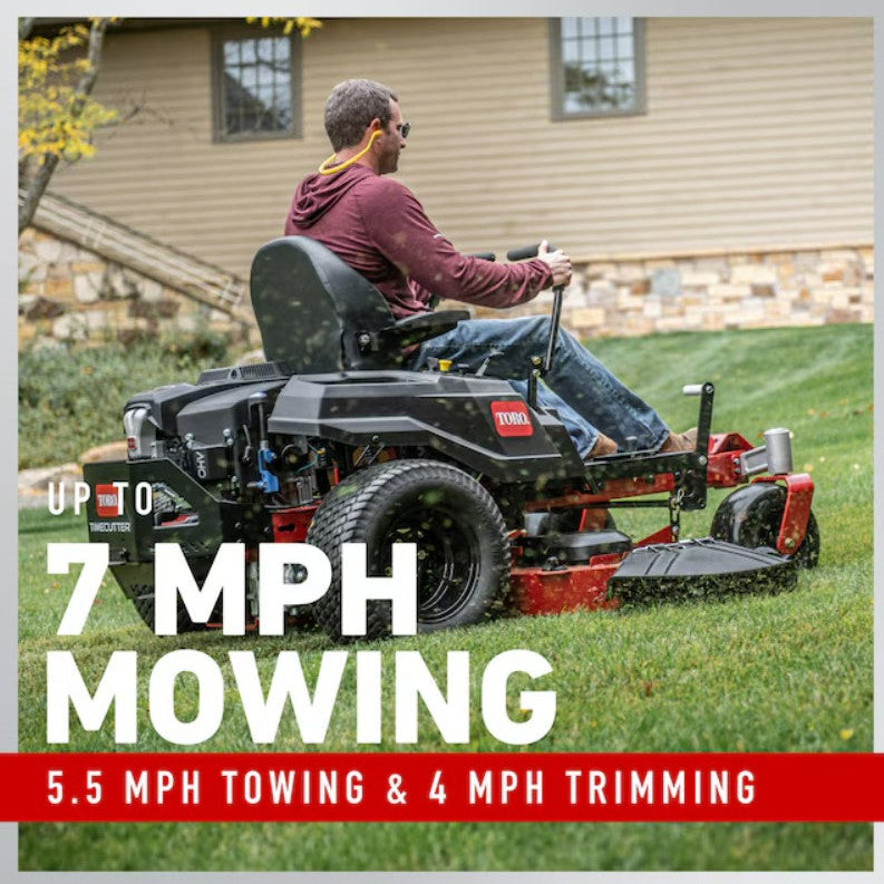 Person using a riding lawn mower with text highlighting speed capabilities.