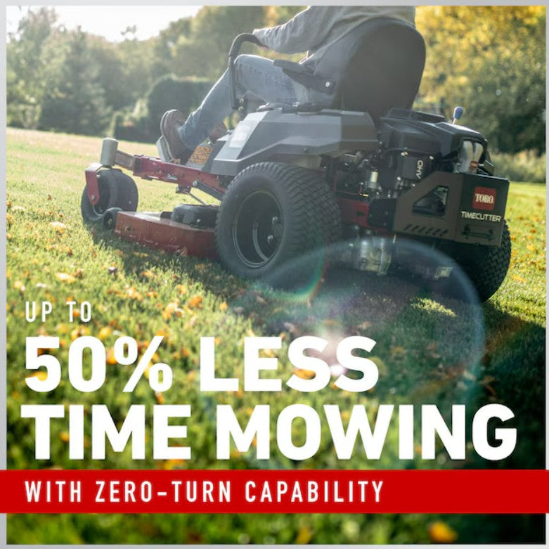 Person using a riding lawn mower with text about time-saving feature
