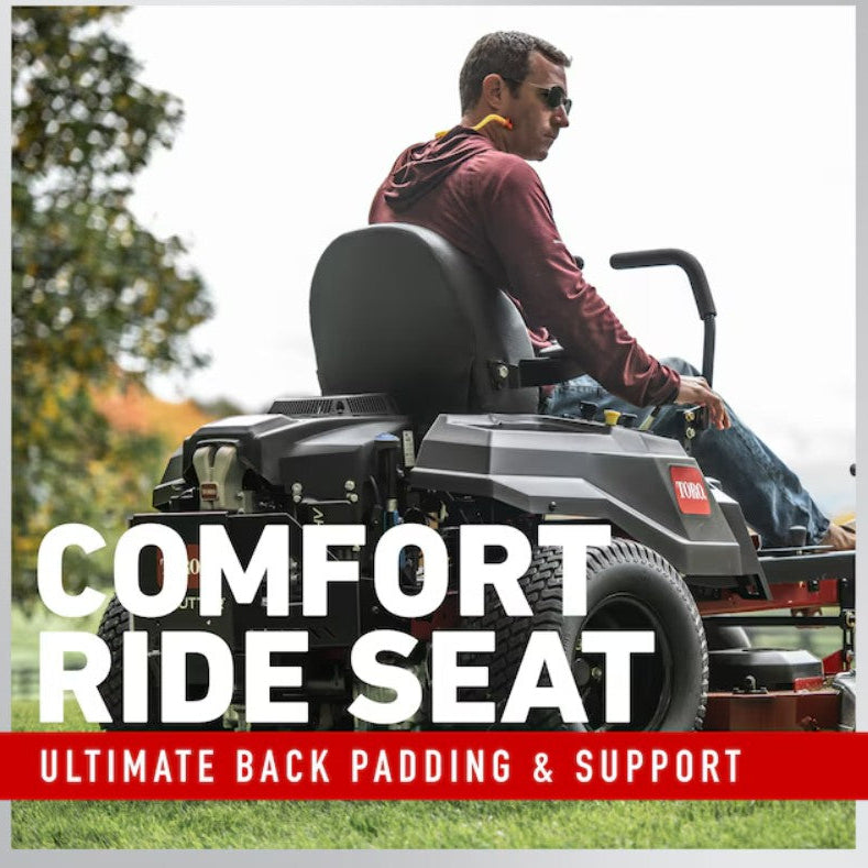 Man sitting on a riding lawn mower with text about comfort ride seat and back padding support.