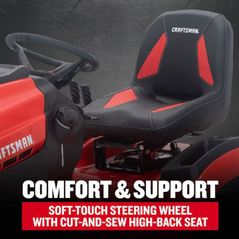 Craftsman lawn tractor seat and steering wheel with comfort and support text on a dark background

