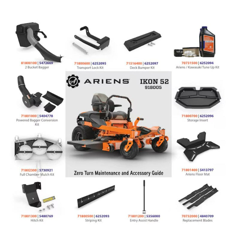 Ariens IKON 52 zero turn maintenance and accessory guide with various parts displayed.