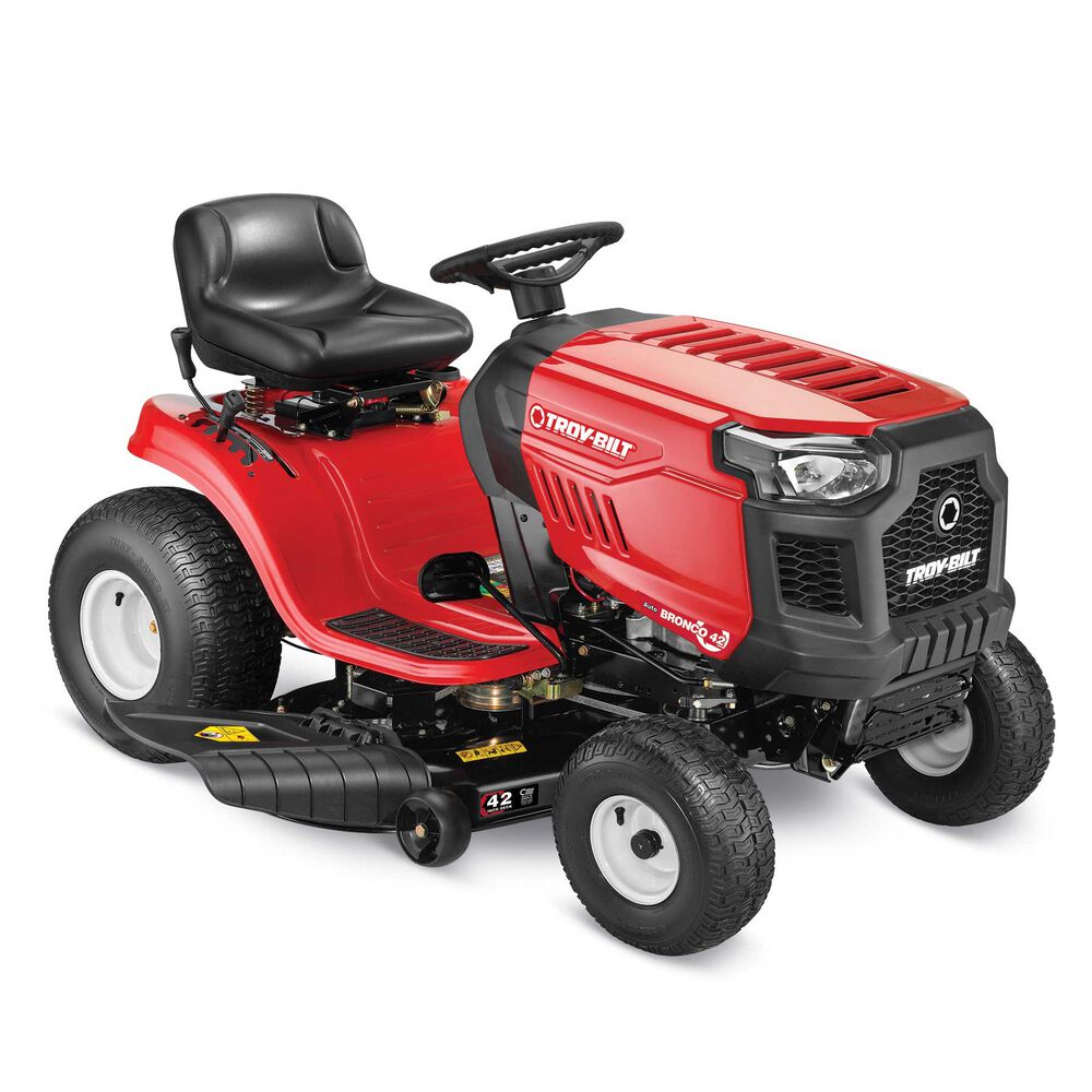 Red riding lawn mower with black seat on a white background