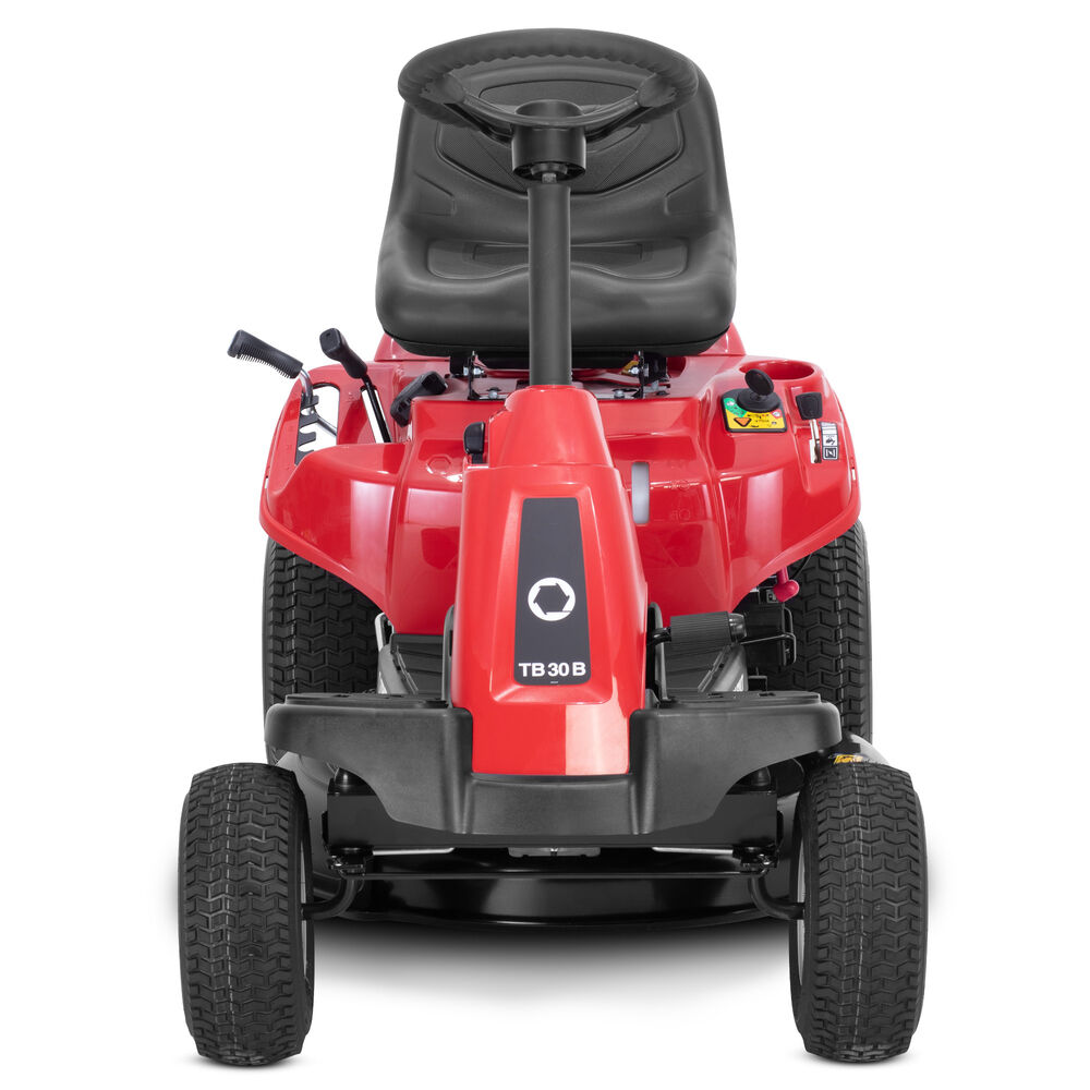 Red riding lawn mower with black seat on a white background