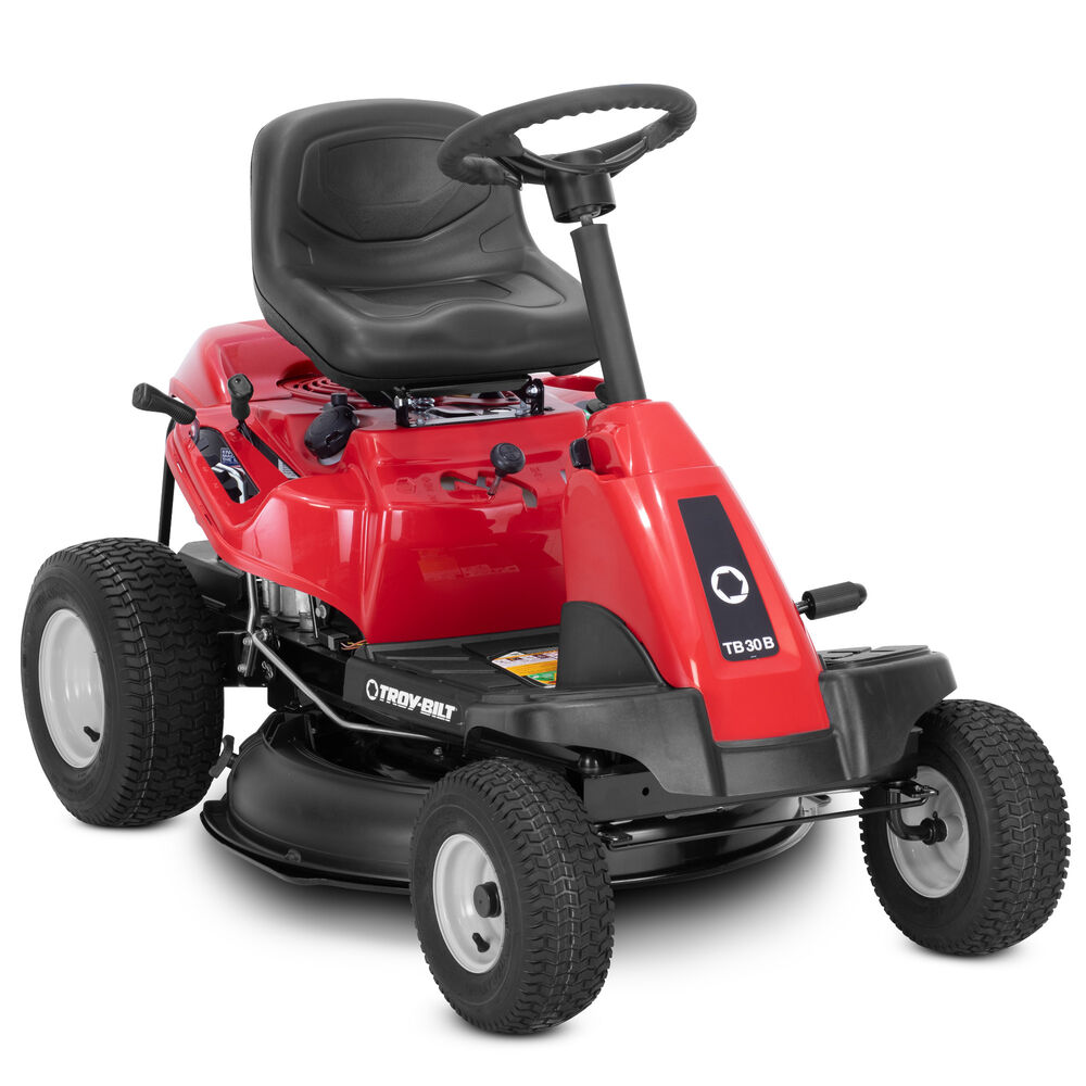 Red riding lawn mower with black seat on a white background