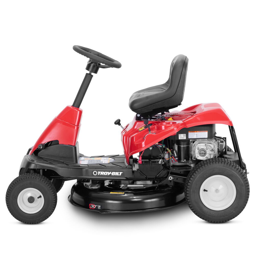 Red riding lawn mower with black seat on a white background