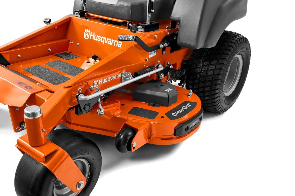 Orange Husqvarna riding lawn mower on a white background