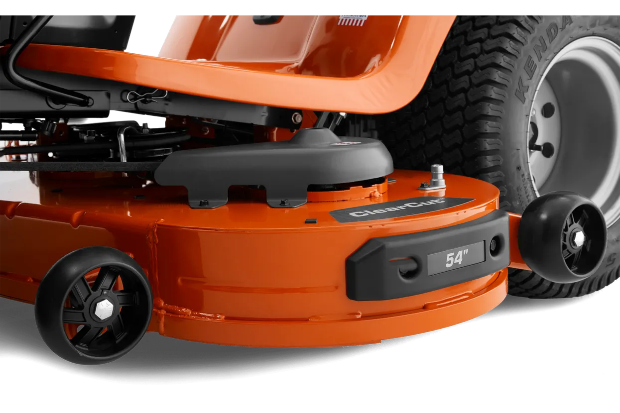 Close-up of an orange lawn mower with a visible brand logo on a white background