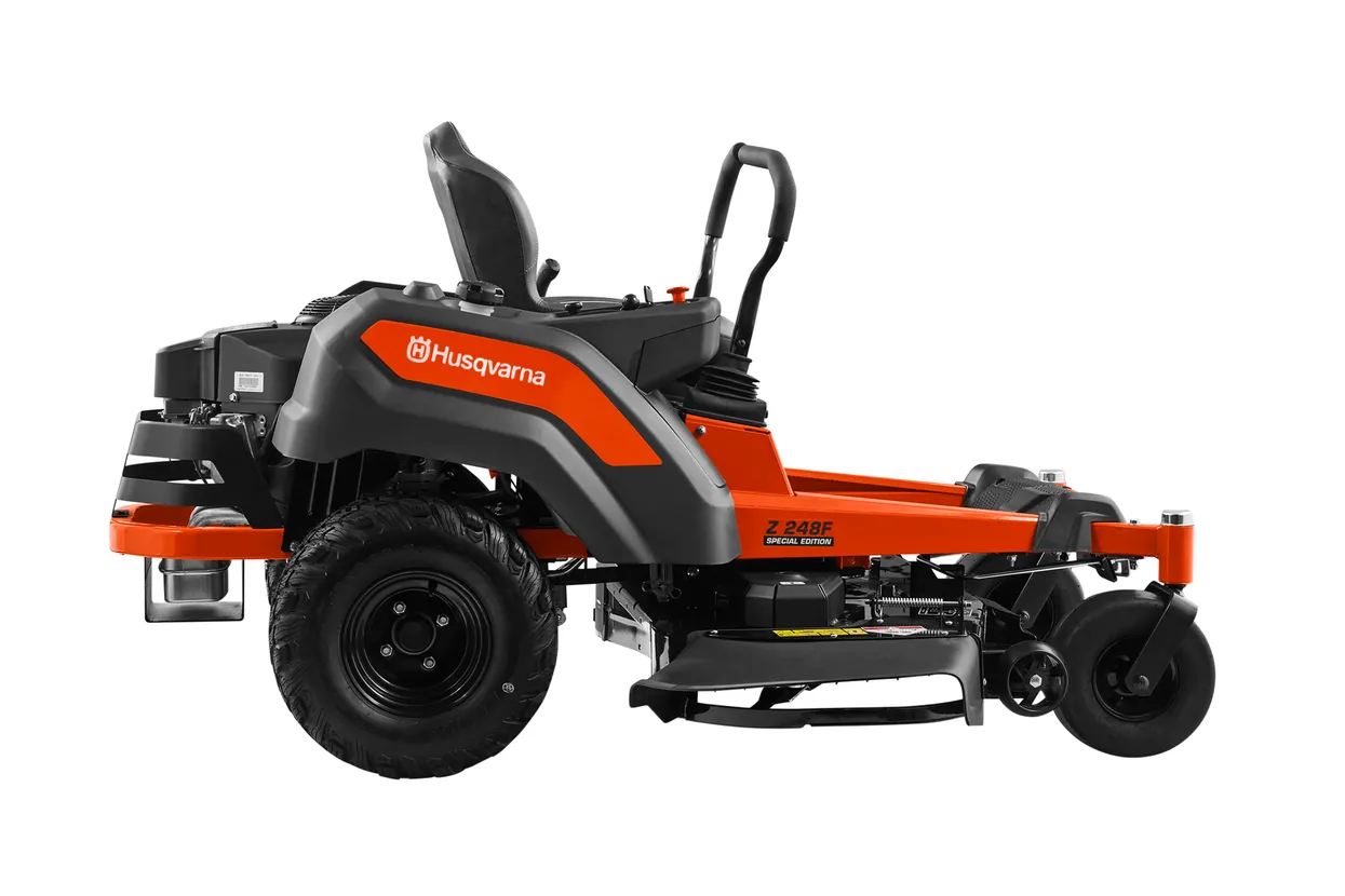 Orange and black Husqvarna riding lawn mower on a white background