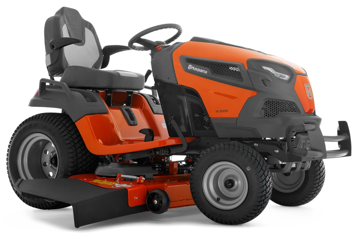 Orange and black riding lawn mower on a white background