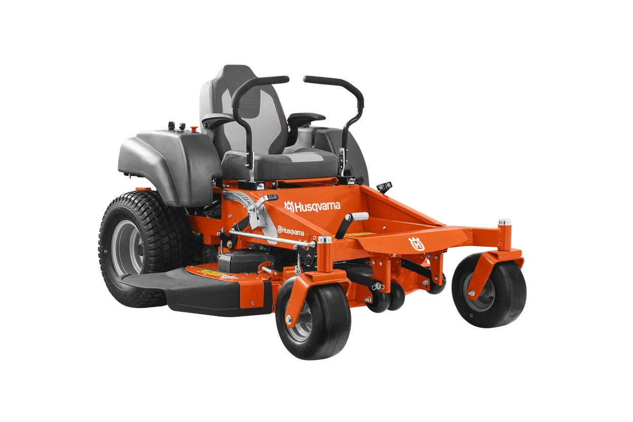 Orange and gray Husqvarna riding lawn mower on a white background