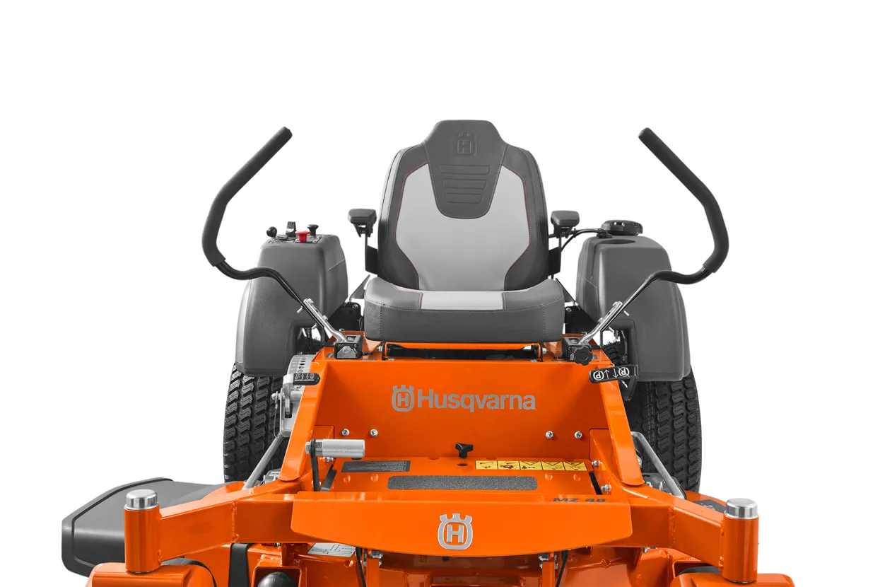 Orange Husqvarna riding lawn mower on a white background