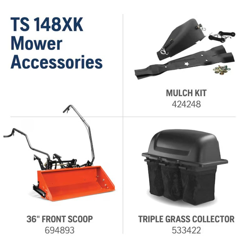 Mower accessories including a mulch kit, front scoop, and grass collector on a white background.