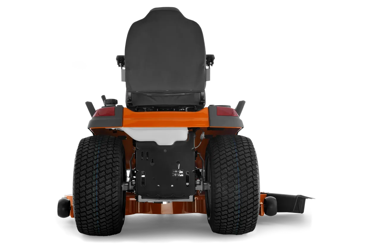 Back view of a riding lawn mower on a white background