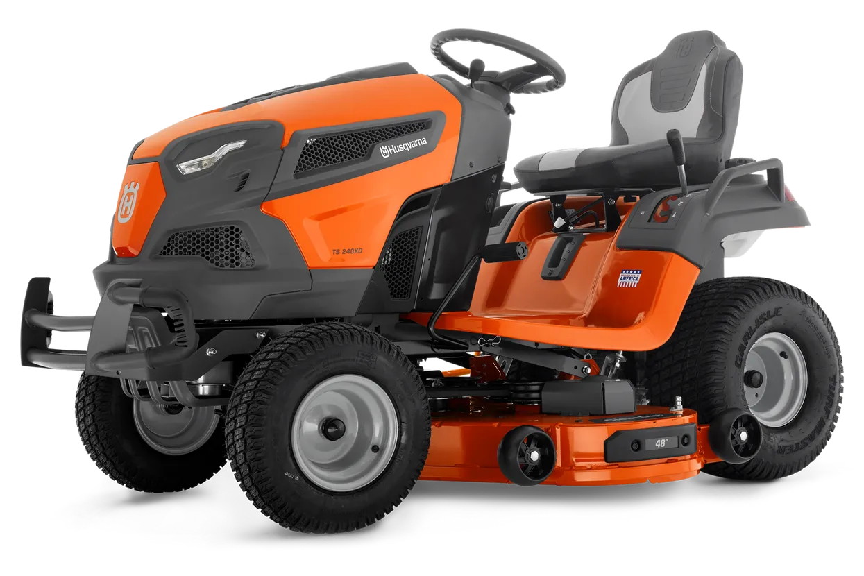 Orange and black Husqvarna riding lawn mower on a white background
